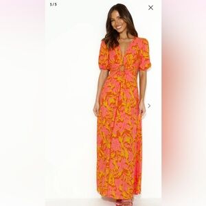 Hello Molly Pink|Orange Floral Puff sleeve  open back Maxi Dress Size 10